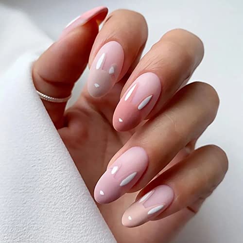 Easter Press on Nails Medium French Tip Almond Fake Nails Nude Pink Full Cover False Nails with Bunny Designs Cute Matte Acrylic Nails Artificial Nails for Girls Women 24 Pcs