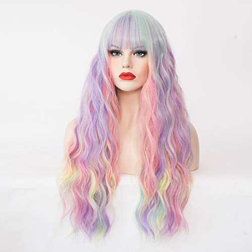Women's Multi Color Rainbow Wig 27 Inches Long Curly Wavy Hair Wig Heat Resistant Fibers Synthetic Wig For Women Girl Cosplay Party Halloween Wig Cap Included (Multi Color Rainbow) - Image 3
