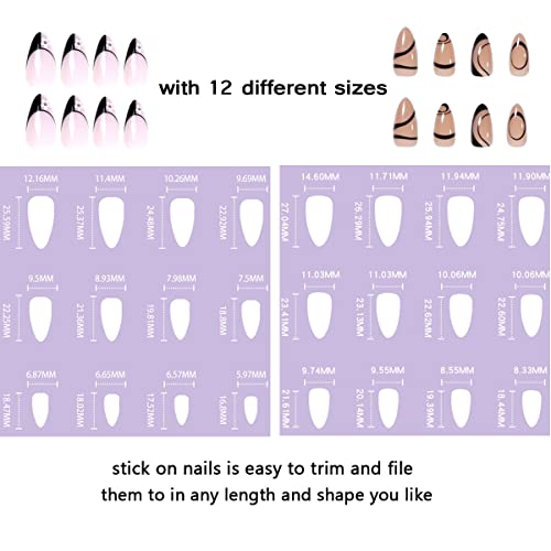 Press On Nails Short, Stripes French Fake Nails, 2packs (48 Pcs) Glossy Full Cover Acrylic Press on Nails Almond, Black Stick On Nails for Women and Girls - Image 4