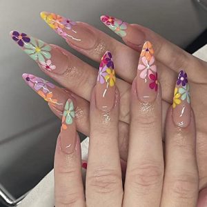 MISUD Long Stiletto Press on Nails Almond Fake Nails Glossy Glue on Nails Colorful Flower Acrylic Nails Summer Floral Arificial Nails Bling Glitter Stick on False Nails with Design 24 pcs