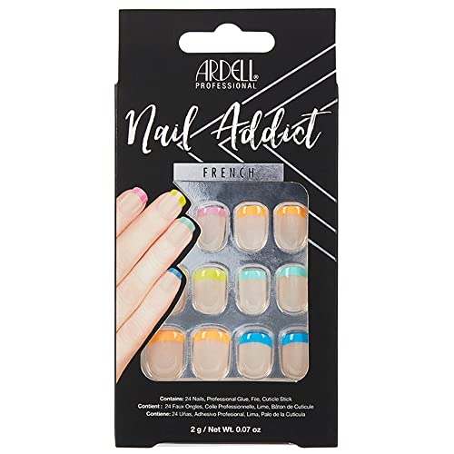 Ardell Nail Addict Artificial Nail Set, Rainbow French 24-Pc, Short-Length Press-Ons, Easy to Apply, Durable, Complete with Nail File, Cuticle Stick and Adhesive