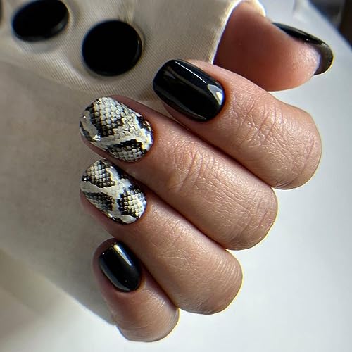 Press On Nails Short Square Black Snake Print Fake Nails Acrylic False Nail Tips Kit Glue on Nails for Women