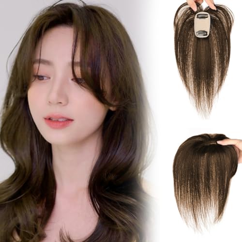 Hair Topper Real Human Hair 9.8 Inch Long Human Hair Toppers for Thin Hair Women Silk Base Clip In Hair Extensions Natural Looking for Daily Use Brown - Image 7