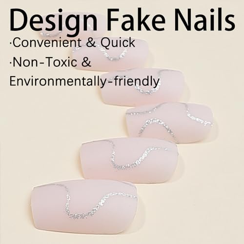 Silver Glitter Wavy Lines Medium Square Reusable Acrylic Press-On Nails Set - Image 2