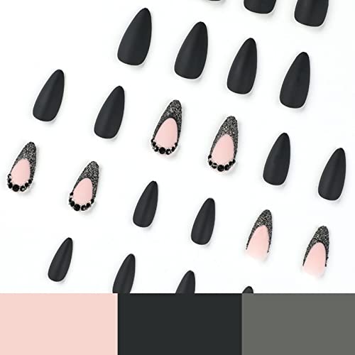 IMSOHOT Medium Press on Nails Almond Matte Black Fake Nails French Tips Acrylic False Nails with Rhinestone Designs Full Cover Glue on Nails for Women 24Pcs - Image 4