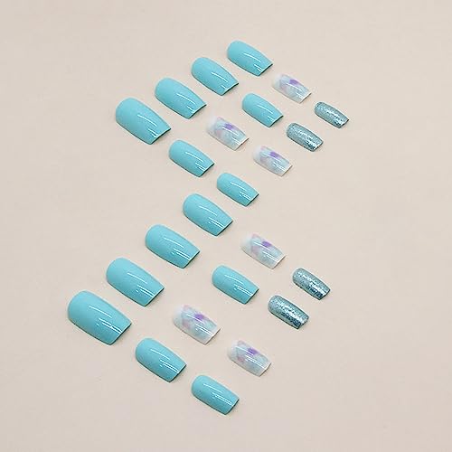 24Pcs Press on Nails Square Fake Nails Flower False Nails With Design Acrylic Glue on Nails Medium Length Blue Stick on Nails for Women and Girls - Image 4