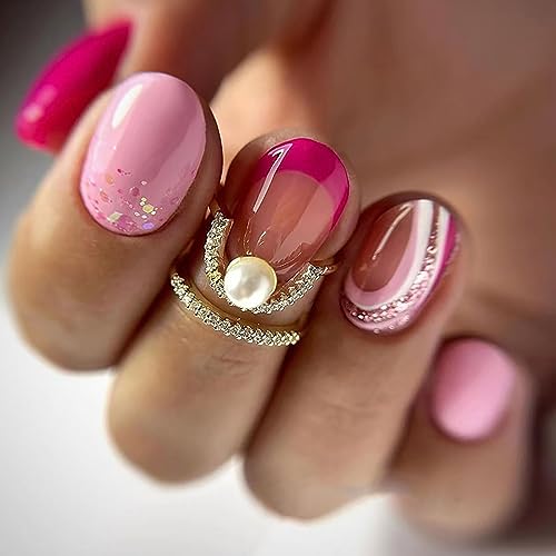 Hot Pink Press on Nails Short Round MABKJLF French Tip Fake Nails Full Cover Glitter Pink Swirl False Nails with Designs Glossy Glue on Nails Acrylic Nails Artificial Nails for Women Girls 24 Pcs
