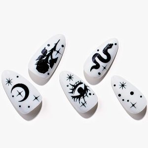 GLAMERMAID Press on Nails Medium Almond, Glamermaid White Fake Nail Short Glue on Nail, Gothic Star Short Oval Stick on Nails Gel, Acrylic False Fake Nails Kit for Women, Dull Reusable Full Cover Nail