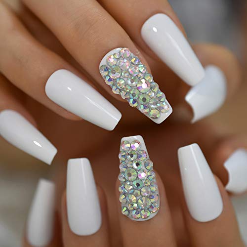 Long Glossy White AB Rhinestones Diamond Dรฉcor Tips Shiny Ballerina Fake Art Nails Coffin Salon False Nails - Image 2