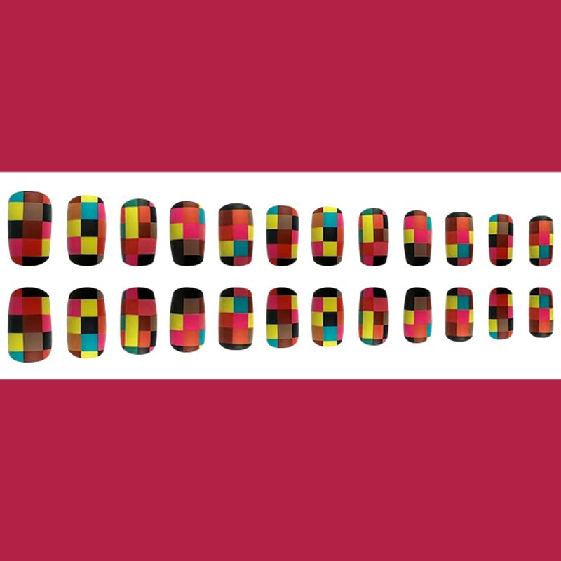 Press on Nails Short Square Fake Nails Glossy Stick on Nails Colorful Squares False Nails with Designs Glue on Nails Artificial Fake Nails Acrylic False Nails for Women Girls Nail Decorations 24Pcs - Image 3