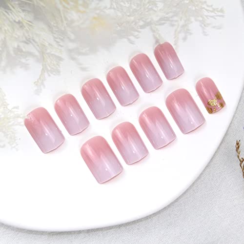 Square Press on Nails Short Fake Nails Fashion Flash Powder White Designs Artificial Gold Foil Glitter Acrylic False Nails For Women Nail Glue for Press on Nails 24Pcs - Image 5