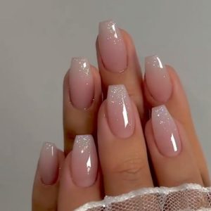Gradient Pink Glitter Press on Nails Short Medium Square,Xcreando Pink Fake Nails Glue on,Artificial Nails Medium Length Coffin,T-shape Acrylic Nails False Nails for Women in 24PCS
