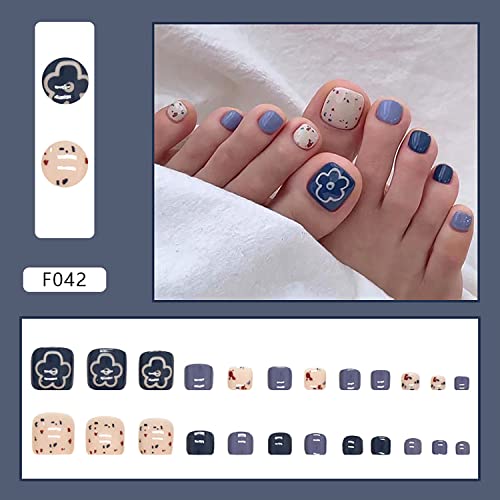 French Tips Press On Toenails Short Square, Full Cover Reusable Toe Nails Tips with Glue, Stick On Toenails with Flower Designs, Artificial Acrylic Nails Summer Blue False Toe Static Nails for Women - Image 4