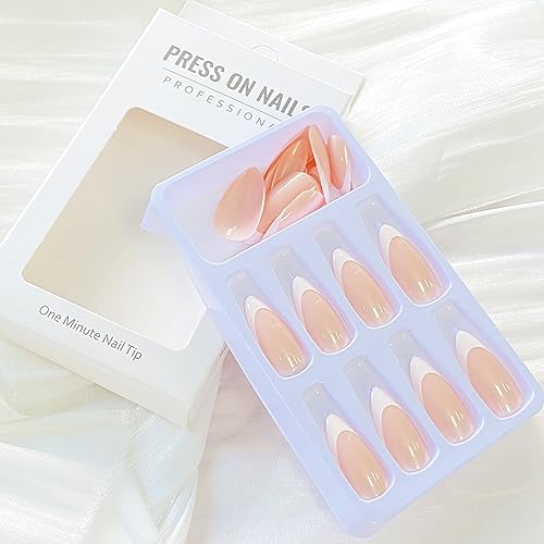 French Tip Almond Press on Nails Medium Fake Nails with Chrome Designs Stick on Nails Glossy Nude False Nails Mirror Glue on Acrylic Nails for Women Girls Summer Holiday DIY Manicure24PCS - Image 6