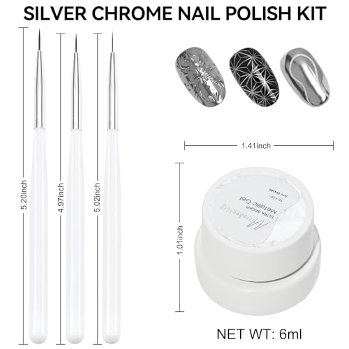 Erinde Silver Gel Nail Polish With Brush Kit, Chrome Nail Polish Painting Gel, Quick Drying, Long Lasting, Mirror Effect Metallic Gel Nail Polish, Super Glossy Soak off UV/LED Home Salon DIY Manicure - Image 7