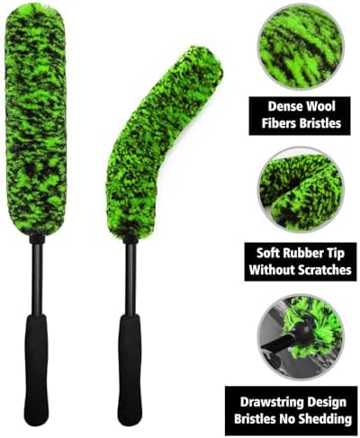Green 4 Pack Microfiber Car Wheel Brush Kit Long Handle Bendable Rim Cleaner - Image 9