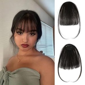 Clip in Bangs 100% Real Huamn Hair Bangs Clip Natural Black Clip on Bangs Hair Extensions Fake Bangs Human Hair French Bangs Hair Clip on Fringe With Temples Hairpieces Curved Bangs For Daily Wear