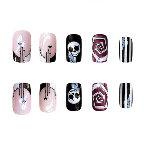 Pink Press on Nails Halloween Medium Square Fake Nails Black and White Line False Nails Skeleton Heart Glue on Nails Full Cover Acrylic Nails for Women and Girls 24 PCS Nail Decorations - Image 2