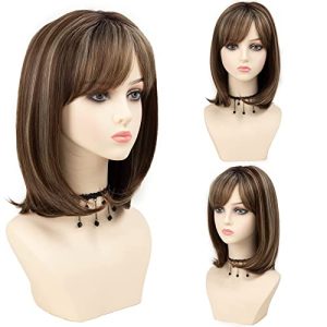 TISHINING 14 Inch Short Ombre Brown and Blonde Bob Wig with Bangs for Women