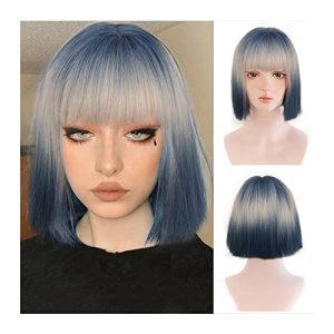 Short Blonde Blue Bob Wig with Bangs, Heat-Resistant Synthetic Hair, 12 Inch
