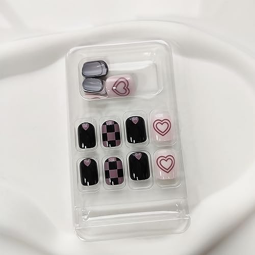 Press on Nails Short Square Stick on Nails Black Fake Nails Pink Glue on Nails Cute False Nails with Heart Lattice Designs Black Full Cover Acrylic Nails Glossy Artificial Nails for Girls - Image 5