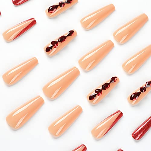 BABALAL Red Press on Nails Long Fake Nails Coffin Glue on Nails Ballerina Acrylic Nails 24Pcs Rhinestones Nails for Women and Girls - Image 3