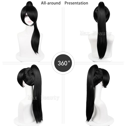 LABEAUTÉ 28 inch Long Straight Black Cosplay Wig with Ponytail and Bangs, Heat Resistant Synthetic Fiber, Includes Wig Cap - Image 5