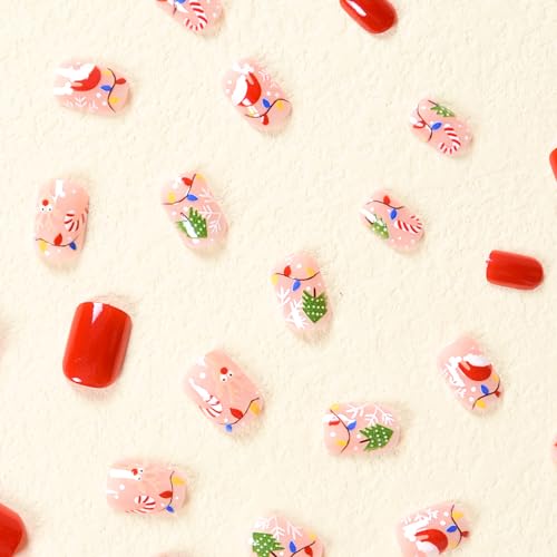 24 Pcs Christmas Nails Extra Short Press on Nails Square Nails Christmas Fake Nails Cute Colored Lights & Christmas Hat Designs Red False Nails Xmas Stick on Nails for Women Girls DIY Manicure - Image 2