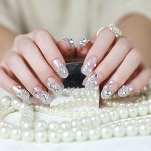 MISUD 24pc Oval Light Pink Glitter 3D Design Press on Nails for Weddings
