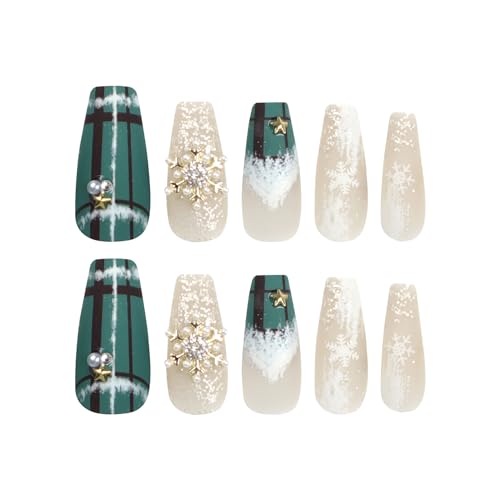 Christmas Press on Nails Square Medium 24Pcs Green Christmas Fake Nails Sets Glossy Full Cover Acrylic Xmas Winter False Nails with Gold Snowflake Gems Designs Holiday False Glue Fingernails - Image 5