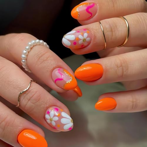 Flower Press on Nails Short Fake Nails, 24Pcs Oval Nails Cute Design Glue on Nails Glossy Orange False Nails Spring Summer Nail Art Decorations Short Almond Acrylic Nails for Women Girls