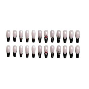 24Pcs Acrylic Press on Nails Long,Black Red Gemstone Nails for Women and Girls,Fake Nails with Nail Glue and Nail File,False Nails Set