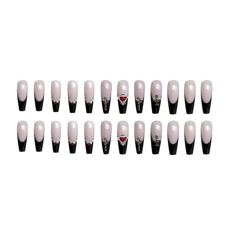 24Pcs Acrylic Press on Nails Long,Black Red Gemstone Nails for Women and Girls,Fake Nails with Nail Glue and Nail File,False Nails Set