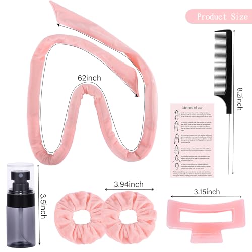 Heatless Curlers to Sleep in Heatless Curling Rod Headband For Long Hair Overnight No Heat Curls For Women velvet Hair Rollers, Bottle, Hair Clips, Scrunchie, Rat-tail Comb, 6 Pieces Set (pink) - Image 3