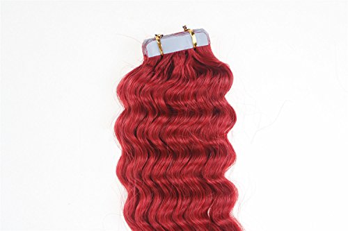18Inch 45cm Tape-in Curly Hair Extensions Seamless Tape Weft Remy Human Hair (18inch20pcs40gram, Red)