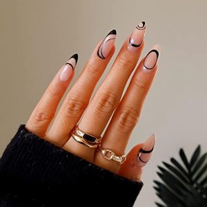 24Pcs Press on Nails Medium Full Cover Almond Fake Nails Glossy Stick on Nails Short French False Nails with Glue Acrylic Nails for Women & Girls(Black lines)