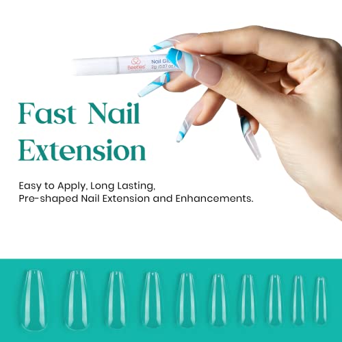 Beetles Square Long and Long Coffin Fake Gel Nail Tips - 500Pcs Acrylic Press on Clear Artificial False Nails with Nail Glues for Acrylic Nail/Dip Powder Nails/Poly Nail Extension Gel - Image 2