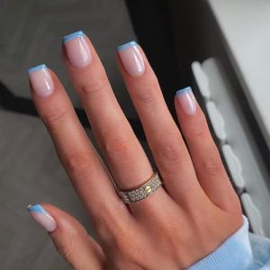 KQueenest 30 PCS Short Square Baby Blue French Tip Gel Press On Nails Full Cover