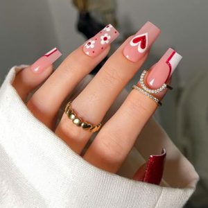 Glossy Pink Square Fake Nails 24 Pieces with Spring Flower Design for Women
