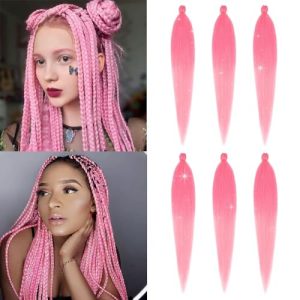 Braiding Hair Pre Stretched 28 Inch Pink Mix Tinsel Glitter Braids Crochet Hair Extensions Yaki Straight Synthetic Hair for Festival Party Hot Water Setting (Pack of 6, Pink)