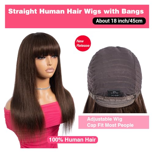 Rebecca Fashion #4 Dark Brown Straight Human Hair Wig with Bangs Ombre Brown Honey Blonde Wigs for Women Glueless Wigs for Beginners, Lazy Girls, Office Worker 18 Inch - Image 2