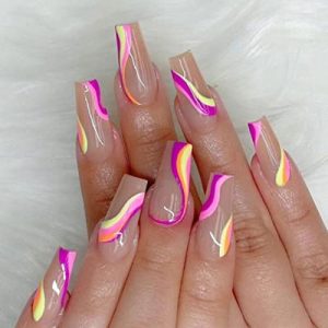 Medium Length Press on Nails Coffin Fake Nails with Swirls Design Acrylic Full Cover False Nails Daily Wear Artificial Nails for Women and Girls