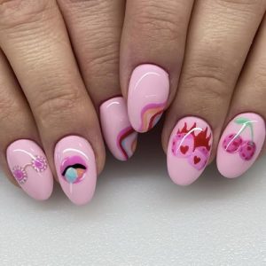 Valentine's day Press on Nails Oval Short 24Pcs Glossy Full Cover Artificial Oval Pink Fake Nails with Heart Lips Cherry Designs Acrylic Short False Nails with Glue Stick on Fingernails for Women