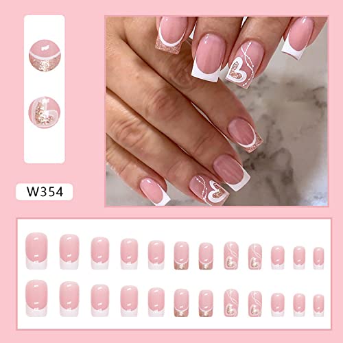 24 Piece Pink Glitter Heart French Tip Press-On Nails for Effortless Nail Art - Image 6