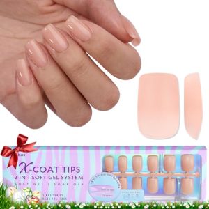 btartboxnails Short Sqaure Gel Nail Tips - Pre Colored Soft Gel Nail Tips, Nude Peach Press on Nails, Natural XCOATTIPS Pre Applied Tip Primer, Gel Nails Press on
