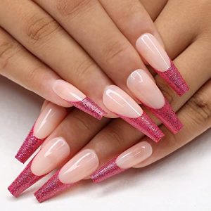 Kikmoya 24pc Extra Long Coffin Red Glitter French Tip Press On Nails for Women
