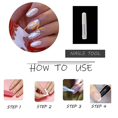 MISUD Press on Nails Medium Round Fake Nails Chrome Acrylic Nails Glossy Glue on Nails Bling White Aurora Oval Artificial Nails Pearl Flash False Nails with Laser Design 24 pcs - Image 7