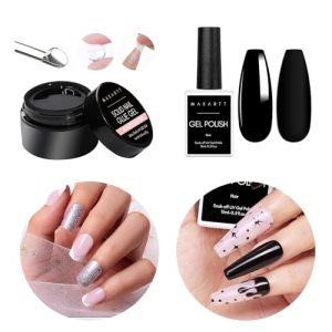 Makartt Solid Nail Gel Glue for Soft Gel Nail Tips Clear Acrylic Nail Tips Solid Gel Nail Glue Bundle Gel Nail Polish, 1 Pcs 15ml Black Gel Nail Polish for UV LED Light Noir Gel Polish