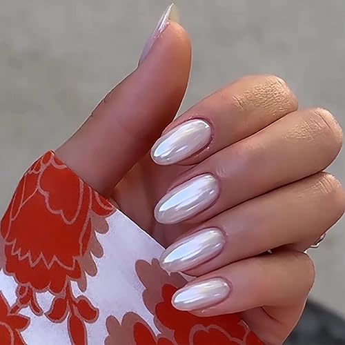 MISUD Press on Nails Medium Round Fake Nails Chrome Acrylic Nails Glossy Glue on Nails Bling White Aurora Oval Artificial Nails Pearl Flash False Nails with Laser Design 24 pcs - Image 2