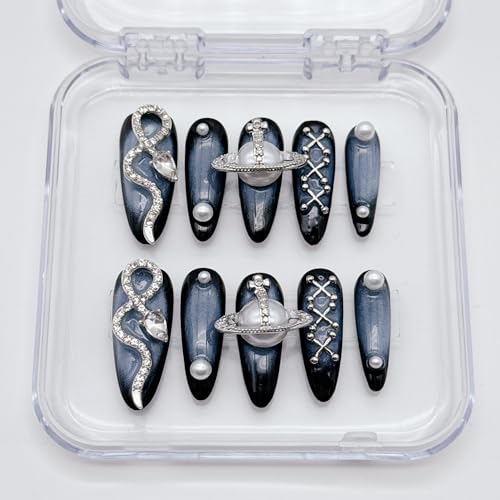 10 Pcs Size S 3D Handmade Long Stiletto Almond Ombre Acrylic Press on Nails Kit with Rhinestone Pearl Design and Toolkit - Image 2